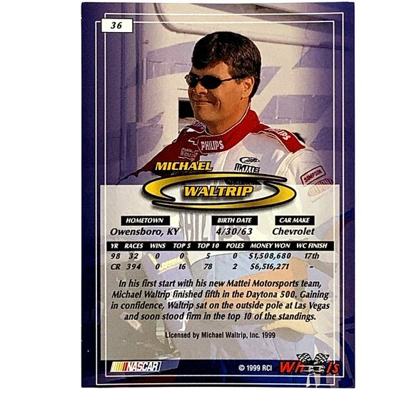 Michael Waltrip, Sponsor: Philips, Card 36 1999 Wheels NASCAR Winston Cup, NM+ - Picture 3 of 4